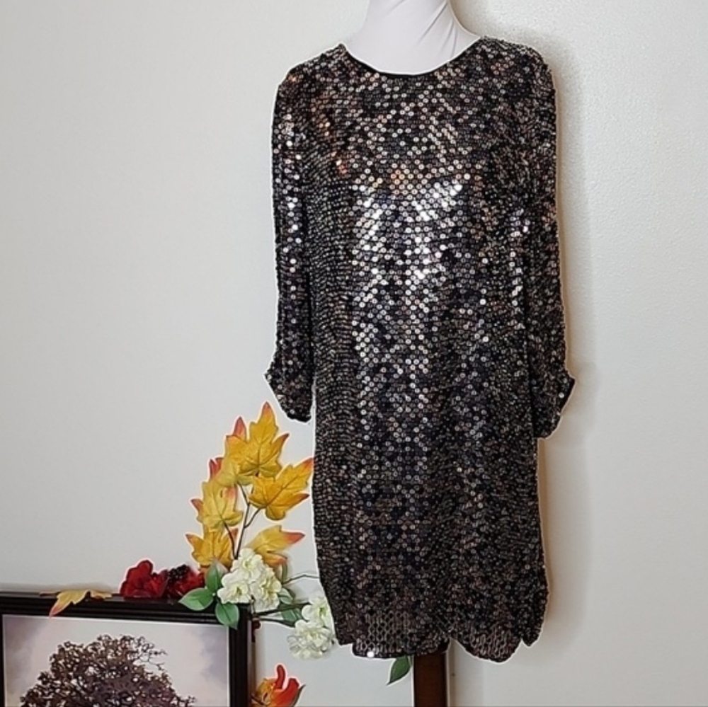Parker NY Sequin Black Copper Dress Silk Evening Special Occasion - Picture 3 of 16